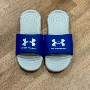 Kids Under Armour Royal Blue and White Slide Sandals
